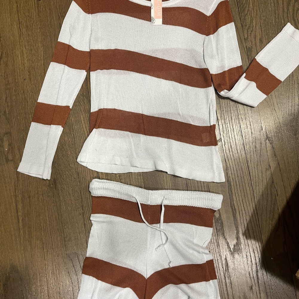 Striped Coverup Set - White and Brown